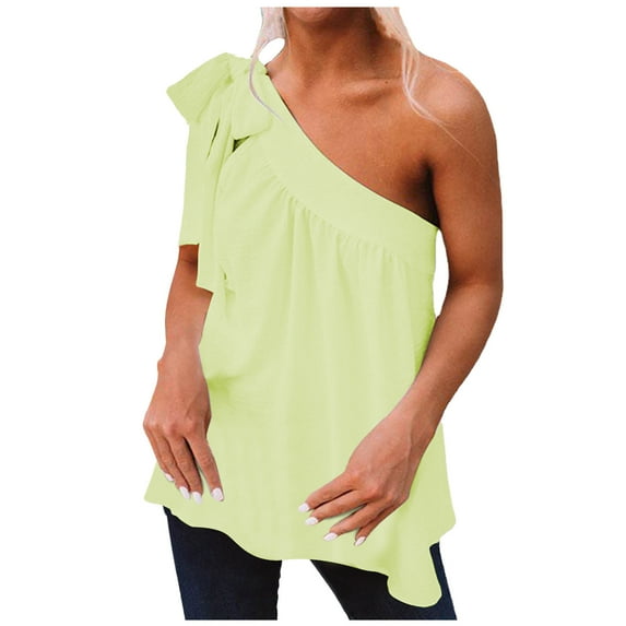 USSUMA Summer New Shoulder Lace Up Off Shoulder Tops For Women Yellow XL