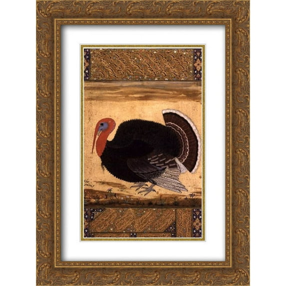 Ustad Mansur 2x Matted 18x24 Gold Ornate Framed Art Print 'A turkey-cock brought to Jahangir from Goa in 1612'