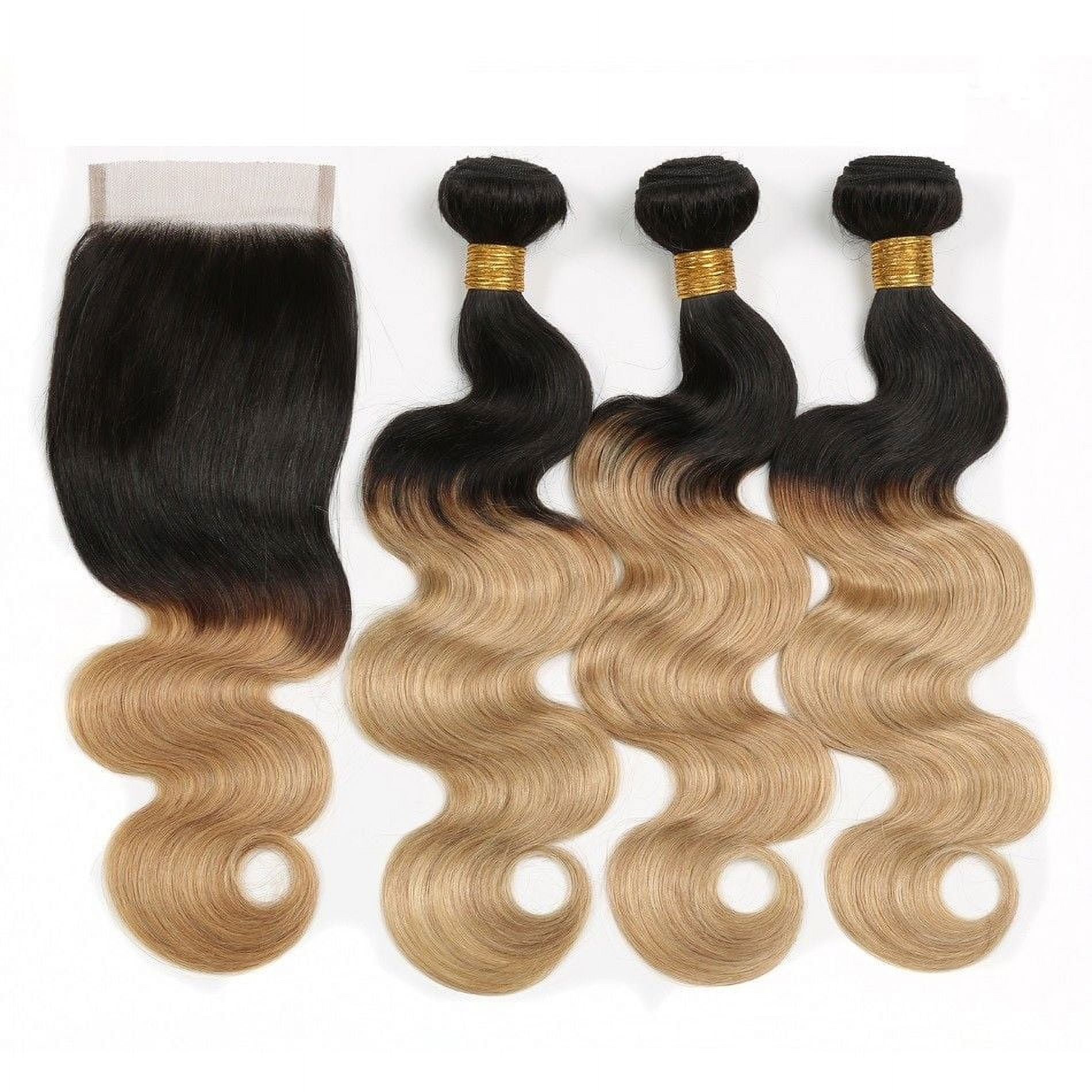 Ustar 100% Human Hair Ombre 1B/27 Body Wave 3 Bundles with 4 by 4 Lace Closure Stretched Length/inch: 22"24"26"+ Closure22"