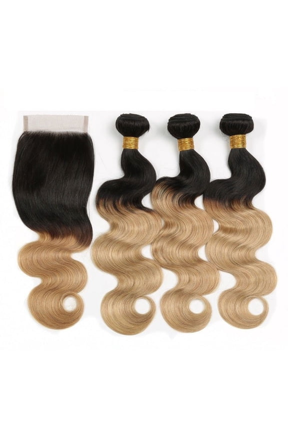 Ustar 100% Human Hair Ombre 1B/27 Body Wave 3 Bundles with 4 by 4 Lace Closure Stretched Length/inch: 22"24"26"+ Closure22"