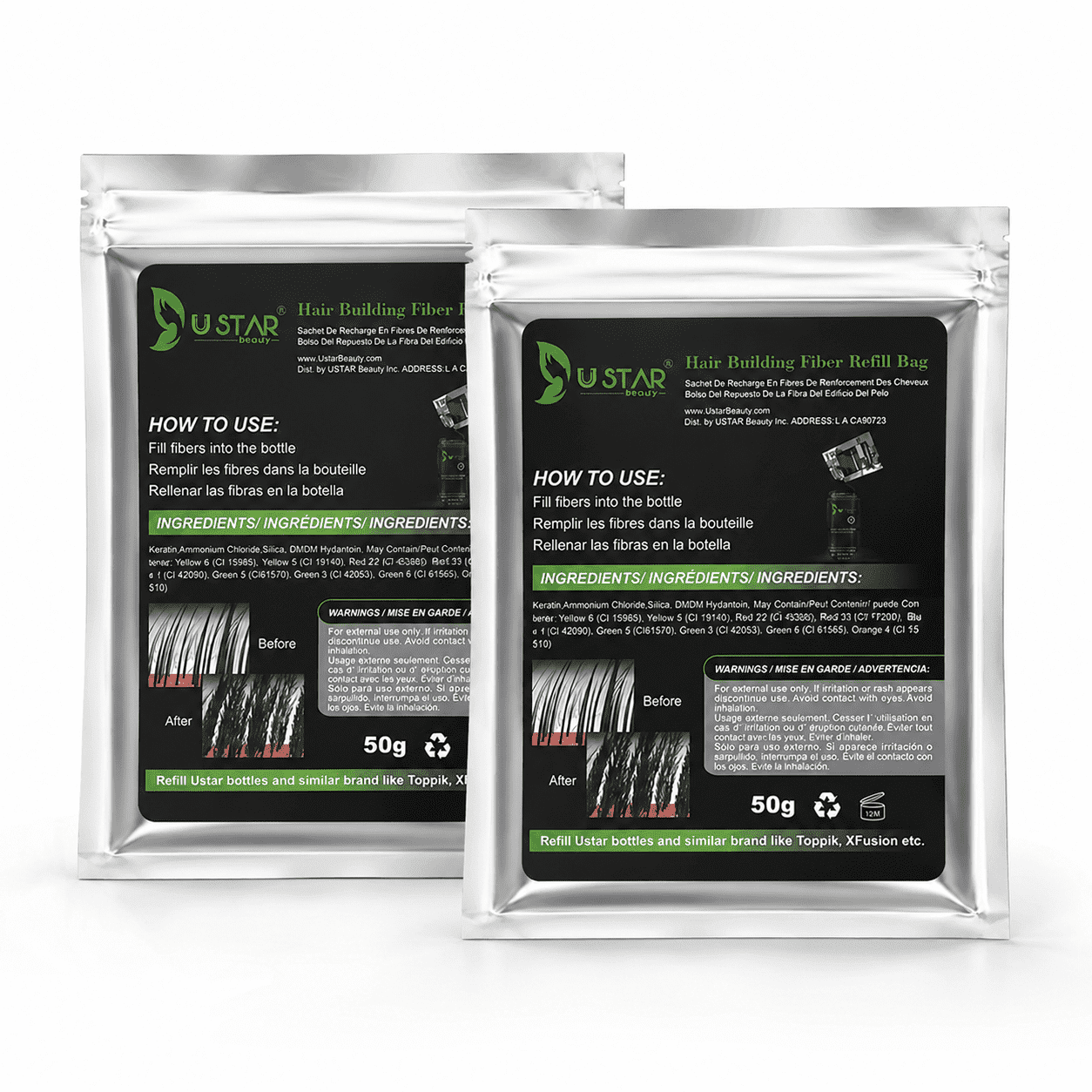 Ustar 2 Pack-USTAR Hair Building Fibers Refill Bag 50g - Dark Brown