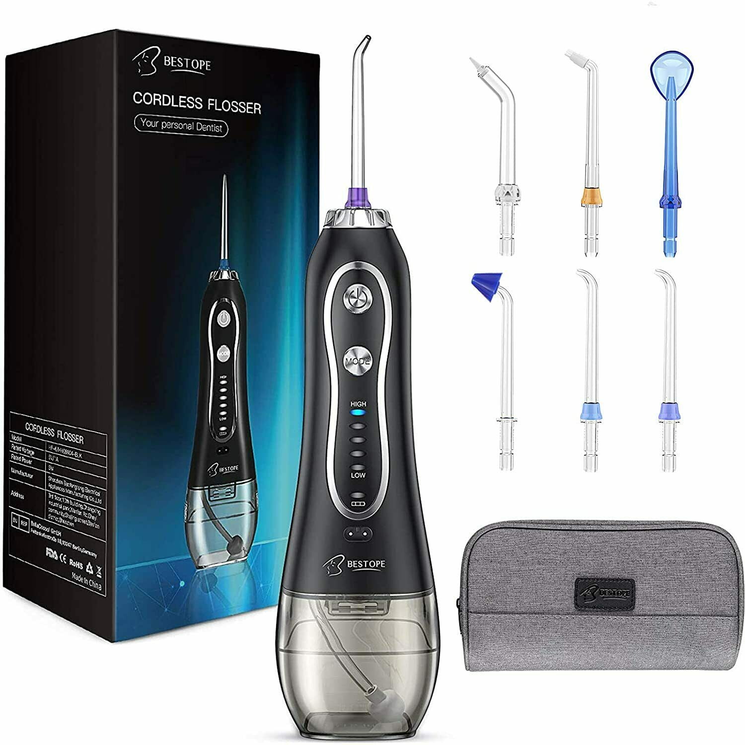 Ustar BESTOPE Water Flosser 300ML 5 Modes & 6 Jet Tips - IPX7 Waterproof Cordless Dental Oral Irrigator Portable and Rechargeable Water Flossing for Braces & Bridges Care, Home and Travel