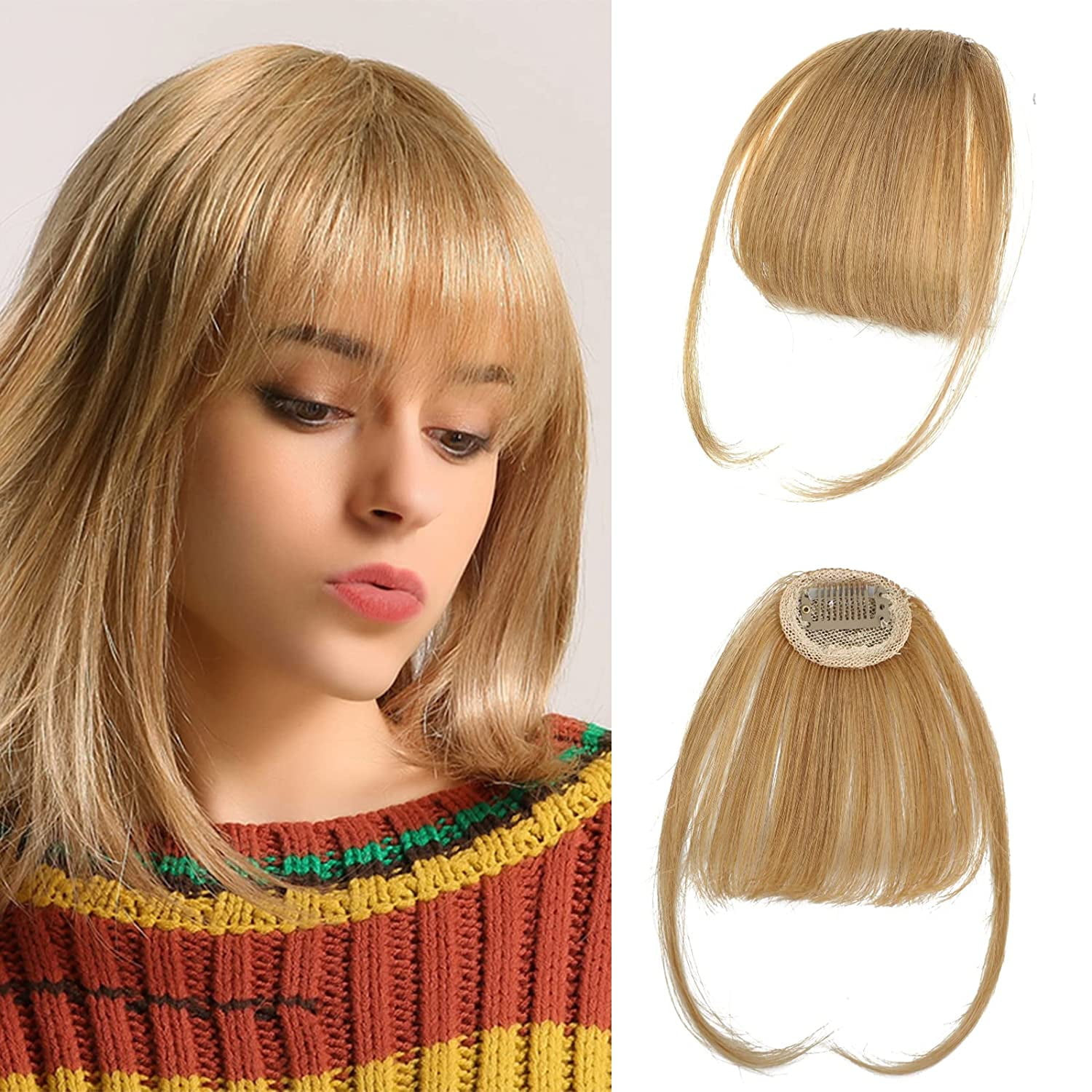 Ustar Bangs Hair Clip in Bangs 100% Real Human Hair Extensions Natural Black Color #1 Wispy Bangs Clip on Air Bangs for Women Fringe with Temples