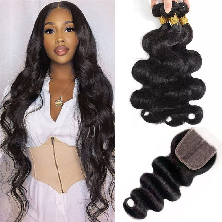 Ustar Body Wave Bundles and Closure 100% Unprocessed Virgin Brazilian Hair  Weave Bundles With FREE Lace Closure Middle Part Natural Black - Bundles:  10,12,14 inch - Closure: 10 inch 