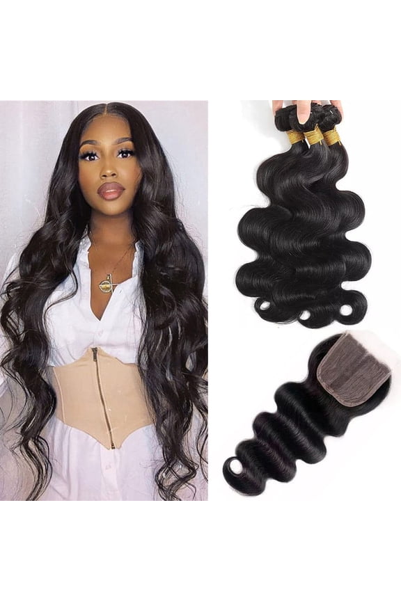 Ustar Body Wave Bundles and Closure 100% Unprocessed Virgin Brazilian Hair Weave Bundles With FREE Lace Closure Middle Part Natural Black - Bundles: 10,12,14 inch - Closure: 10 inch