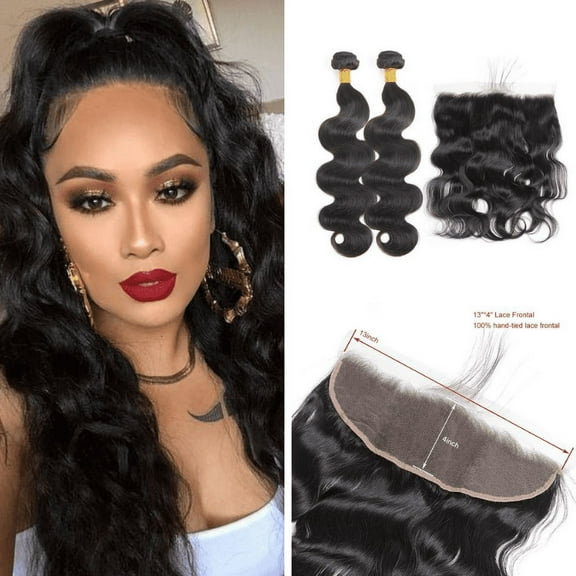 Ustar Body Wave Bundles with Frontal Human Hair Bundles with Lace Frontal (8 10+10, Natural Black) Brazilian Body Wave Hair Virgin Hair Ear to Ear 13x4 Frontal with 2 Bundles