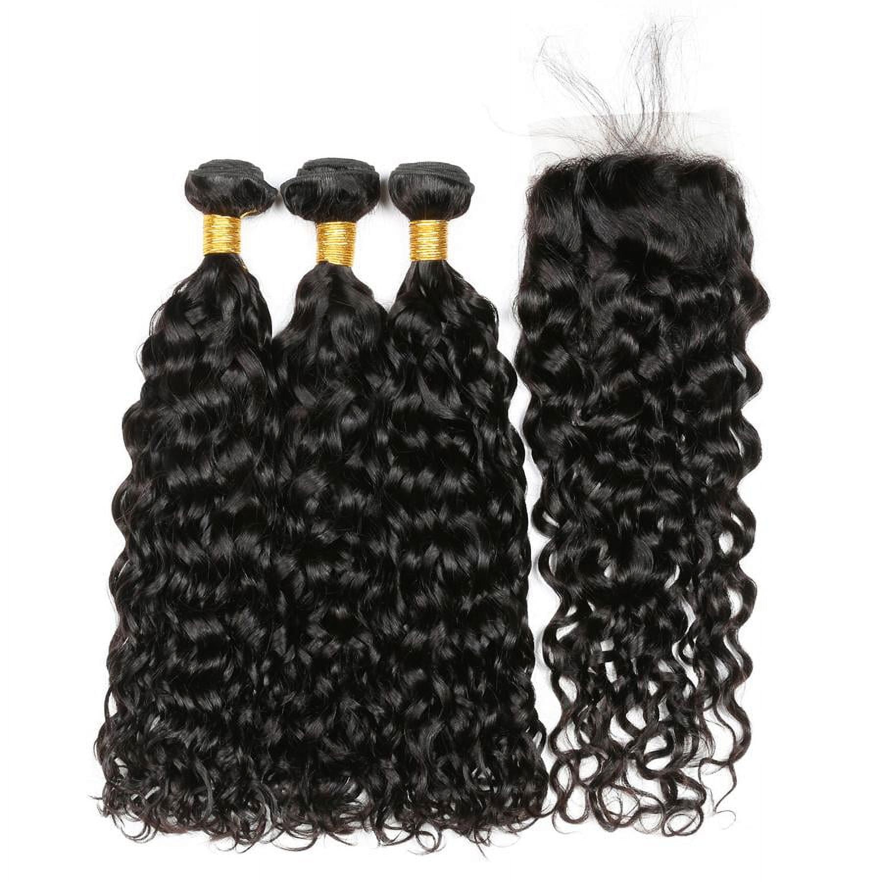 Ustar Brazilian Virgin Human Hair Water Wave 3 Bundles with 4"x4" Lace Closure with Baby Hair Free Part 1B Natural Wave