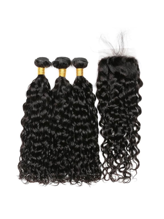 Ustar Brazilian Virgin Human Hair Water Wave 3 Bundles with 4"x4" Lace Closure with Baby Hair Free Part 1B Natural Wave