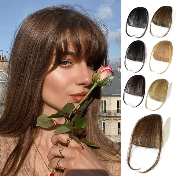 Ustar Clip in Bangs - Human Hair Bangs Clip in Hair Extensions, Medium Brown Color #4 Clip on Bangs Wispy Bangs Fringe with Temples Hairpieces for Women Curved Bangs for Daily Wear