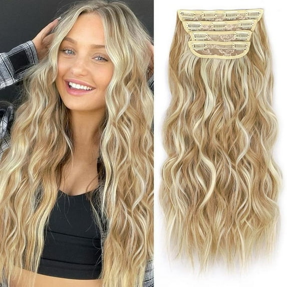 Ustar Clip in Long Wavy Synthetic Hair Extension 20 inch Beach Blonde 4PCS Thick Hairpieces Fiber Double Weft Hair for Women