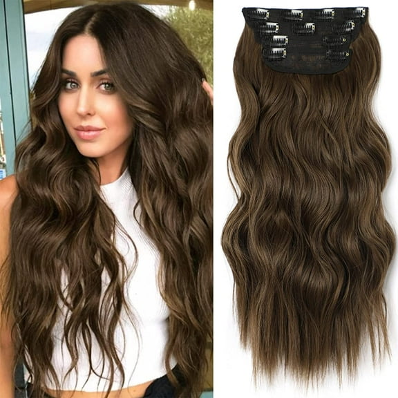 Ustar Clip in Long Wavy Synthetic Hair Extension 20 inch Chestnut Brown 4PCS Thick Hairpieces Fiber Double Weft Hair for Women