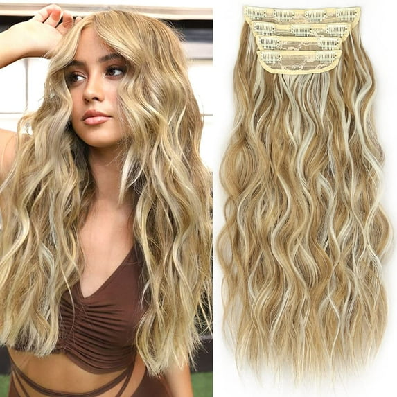 Ustar Clip in Long Wavy Synthetic Hair Extension 20 inch Dark Blonde Mixed Blonde 4PCS Thick Hairpieces Fiber Double Weft Hair for Women