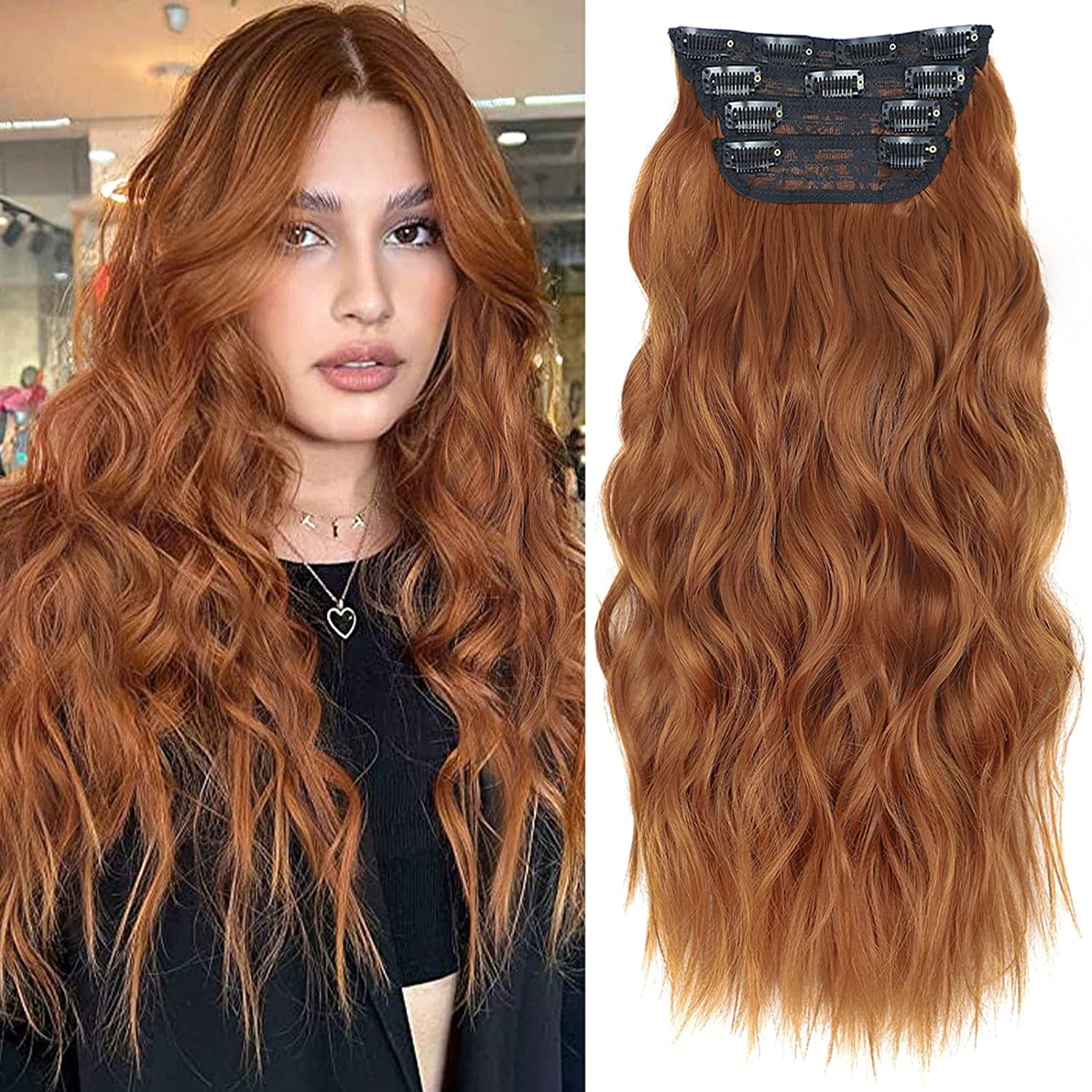 Ustar Clip in Long Wavy Synthetic Hair Extension 20 inch Orange Red 4PCS Thick Hairpieces Fiber Double Weft Hair for Women Walmart