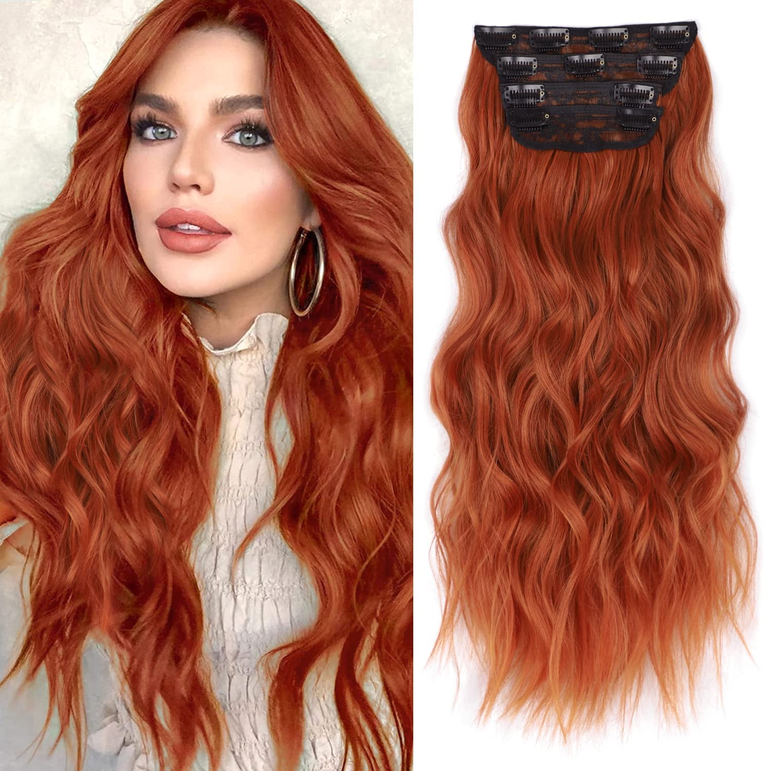 Ustar Clip in Long Wavy Synthetic Hair Extension 20 inch Red Orange 4PCS Thick Hairpieces Fiber Double Weft Hair for Women