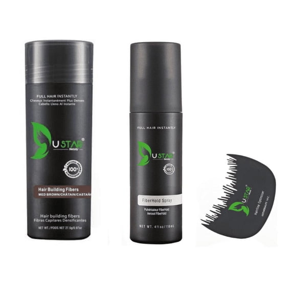 Ustar Hair Building Fibers 0.97oz / 27.5g 3 in 1 Pack(HAIR FIBERS, COMB, HOLD SPRAY)