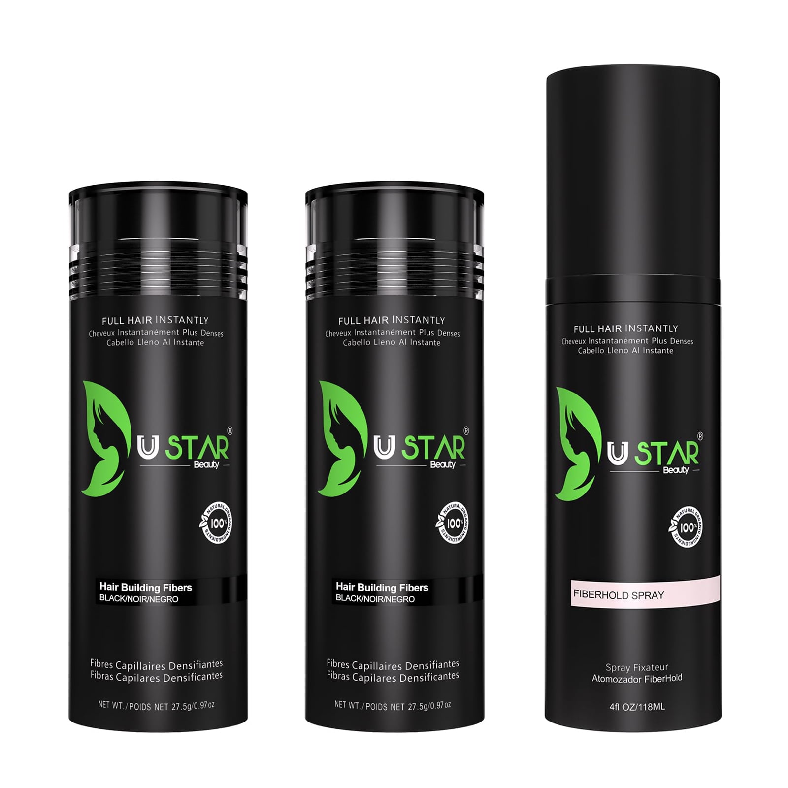 Ustar Hair Building Fibers Fill in Fine or Thinning Hair (Black) 2 Pack with Fiber Hold Spray