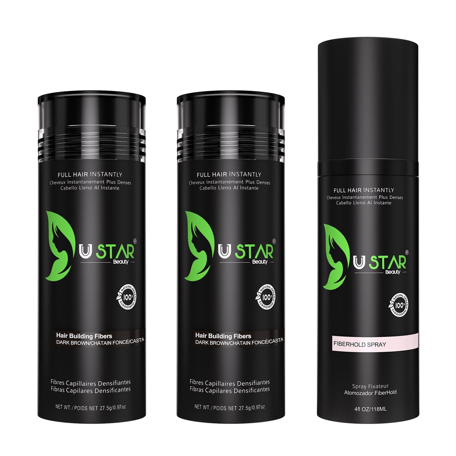 Ustar Hair Building Fibers Fill in Fine or Thinning Hair (Dark Brown) 2 Pack with Fiber Hold Spray