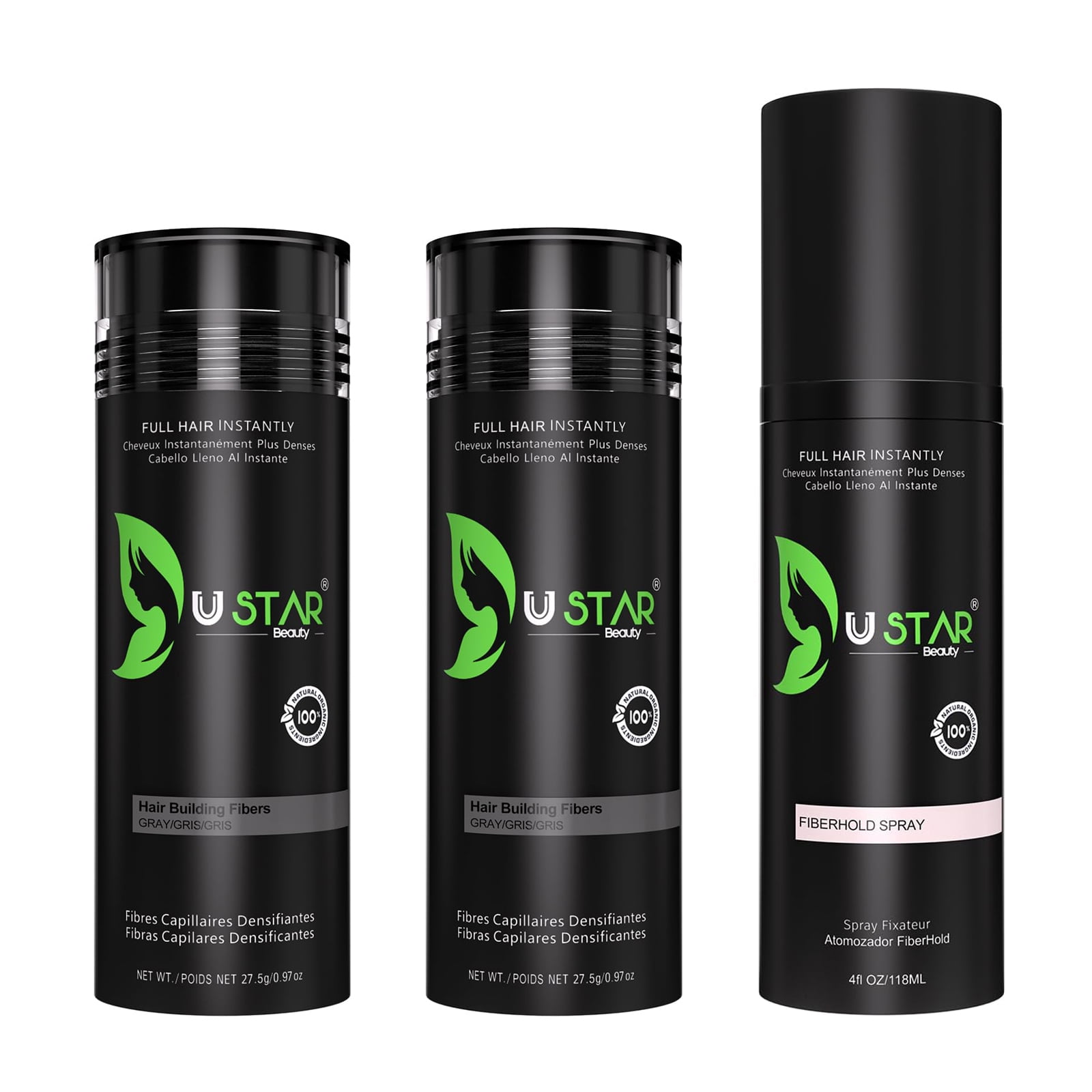 Ustar Hair Building Fibers Fill in Fine or Thinning Hair (Gray) 2 Pack with Fiber Hold Spray