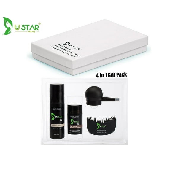 Ustar Hair Building Fibers Kit .42oz/12g 4 in 1 Hair Fibers Gift Set BLACK (Hair Fibers, Comb, Hair Spray Applicator, Hair Fiber Spray)