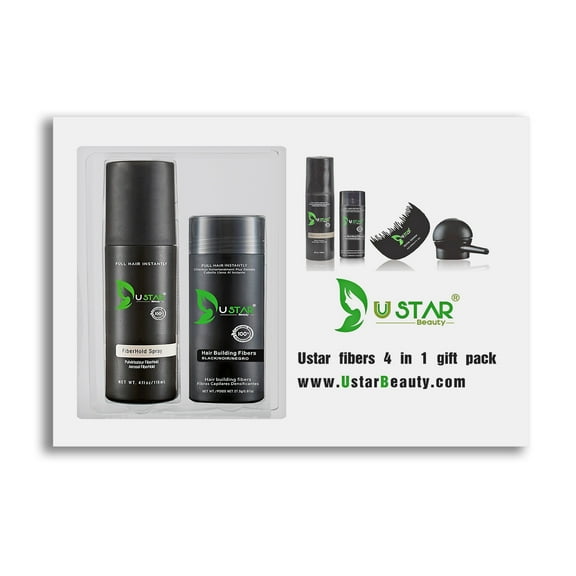 Ustar Hair Building Fibers Kit .97oz/27.5g 4 in 1 Hair Fibers Gift Set BLACK (Hair Fibers, Comb, Hair Spray Applicator, Hair Fiber Spray)