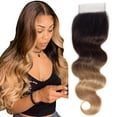 thumbnail image 1 of Ustar Ombre Body Wave Human Hair Closure T1B/4/27 Color Brazilian Virgin Human Hair Ombre 3 Tone Body Wave Human Hair 4x4 Lace Closure Free Part Closure Transparent Lace 14", 1 of 6