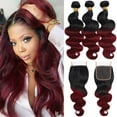 thumbnail image 1 of Ustar Two Tone Ombre 1B/99J Black to Burgundy Body Wave Hair with Free Part Lace Closure 100% Unprocessed Brazilian Remy Virgin Human Hair Bundles 12"14"16" with Closure 12", 1 of 7