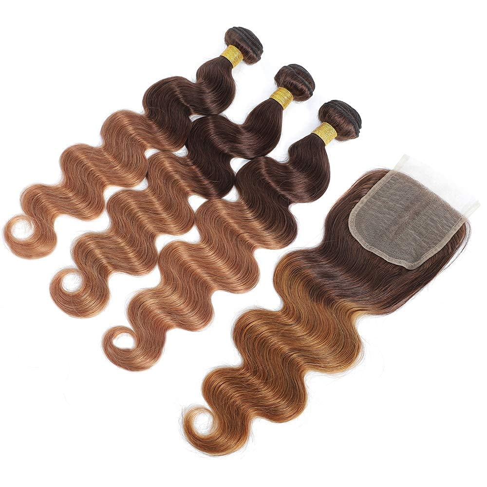 Ustar Two Tone Ombre T4/30 Body Wave Hair 3 Bundles with T-Part Lace Closure Middle Part 100% Unprocessed Brazilian Remy Virgin Hair Body Wave Human Hair Bundles 12"14"16" with Closure 12"