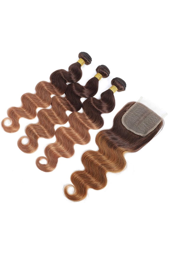 Ustar Two Tone Ombre T4/30 Body Wave Hair 3 Bundles with T-Part Lace Closure Middle Part 100% Unprocessed Brazilian Remy Virgin Hair Body Wave Human Hair Bundles 12"14"16" with Closure 12"