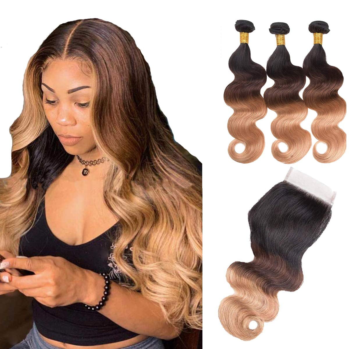 Ustar Unique Bargains Ombre Three Town#1B/4/27 Color Black Brown Blonde Brazilian 3 Bundles 100% Human Hair 10"12"14"inch with Lace Closure 10"