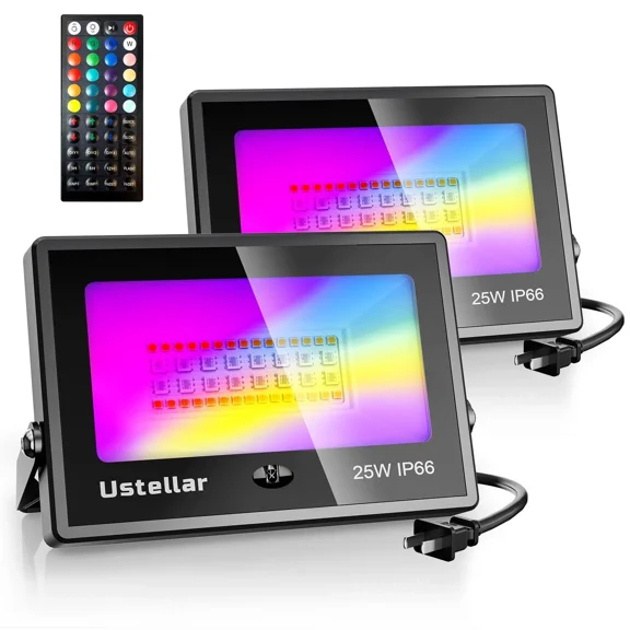 Ustellar 25W RGB Color Changing Outdoor LED Flood Lights with IR Remote Control for Party Exterior Uplighting Landscape Spotlight Floor Uplight Colored Floodlight Wall Washer Stage Lighting 2 Packs