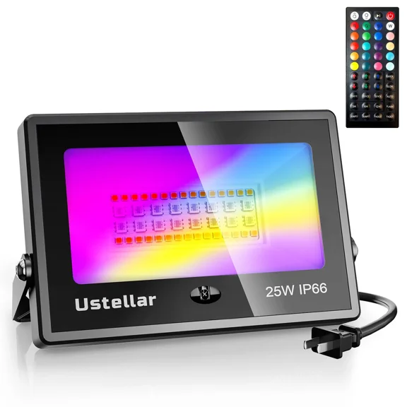 Ustellar 25W RGB Color Changing Outdoor LED Flood Lights with IR Remote Control for Party Exterior Uplighting Landscape Spotlight Floor Uplight Colored Floodlight Wall Washer Stage Lighting 1 Pack