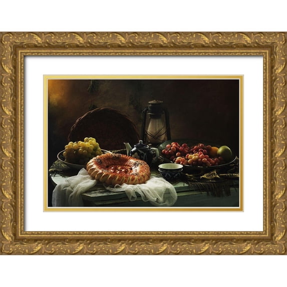 Ustinagreen 24x17 Gold Ornate Wood Framed with Double Matting Museum Art Print Titled - Stilllife With Cake And Grapes