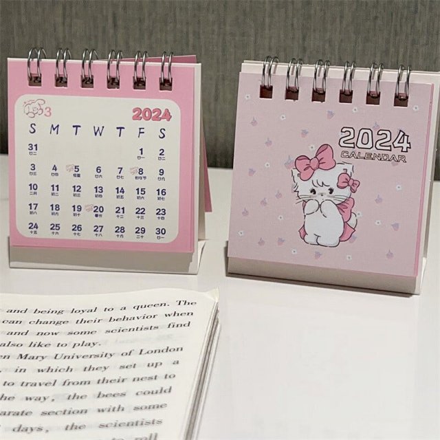 Ustorage 2024 Cartoon Pink Cat Desk Calendar Mini Cute Standing Flip