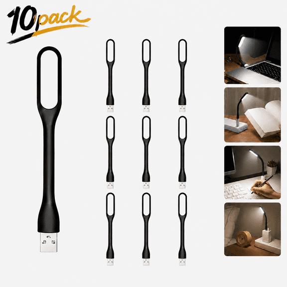 Ustris 10 PCS USB LED Light Lamp for Power Bank ,Portable Eye Care Mini Night Light with Flexible Arm, USB Gooseneck Reading Lamps Book Light,Compatible for Desktop, Notebook Laptop (10-Black)