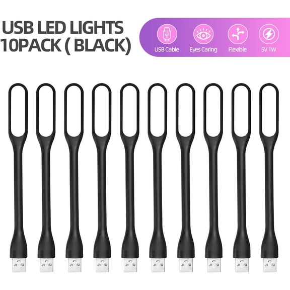 Ustris 10 PCS USB LED Light Lamp for Power Bank ,Portable Eye Care Mini Night Light with Flexible Arm, USB Gooseneck Reading Lamps Book Light,Compatible for Desktop, Notebook Laptop (10-Black)