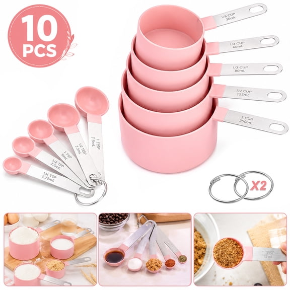 Ustris 10 Pcs Measuring Cups and Spoons Set, Nesting Measure Tools, Kitchen Essentials Gadgets with Stainless Steel Handle for Dry & Liquid Ingredient, Pink