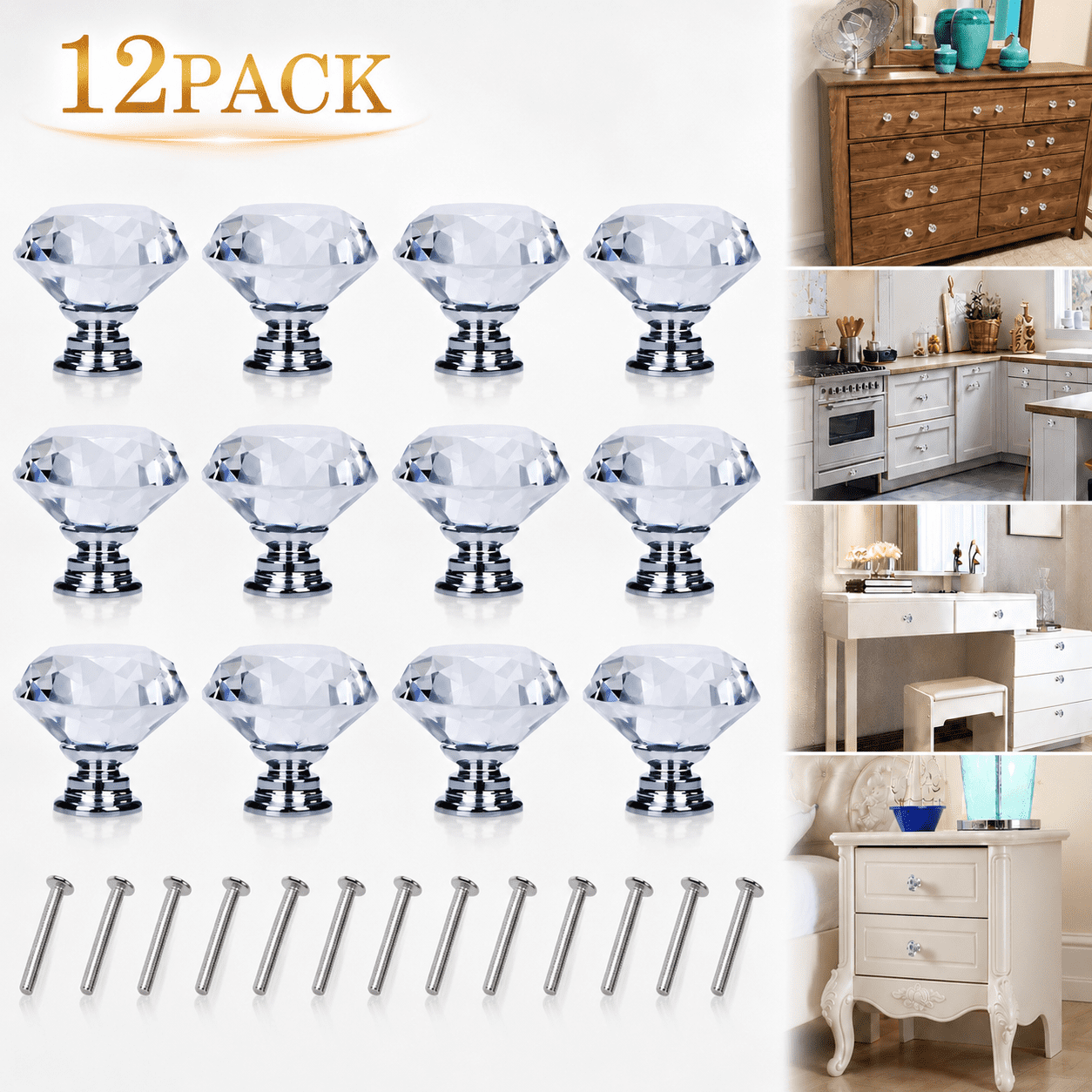 Ustris 12 Pack Drawer Knobs Diamond Shaped Crystal Glass 30mm Cabinet Knobs Pull Handles (Silver)