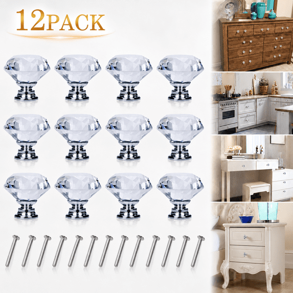 Ustris 12 Pack Drawer Knobs Diamond Shaped Crystal Glass 30mm Cabinet Knobs Pull Handles (Silver)