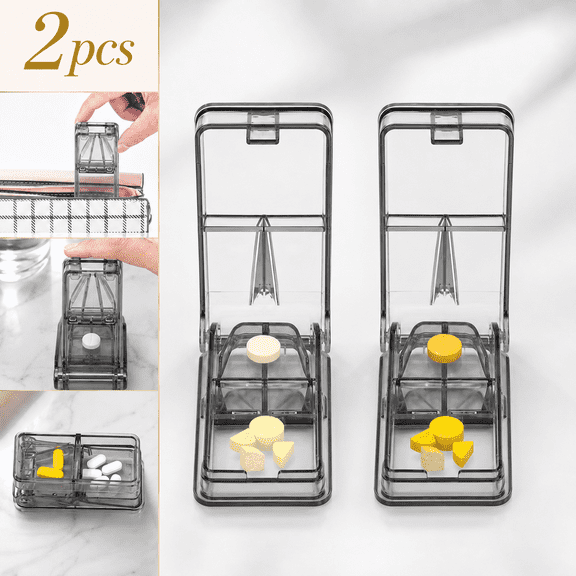 Ustris 2PCS Pill Cutter for Small or Large Pills - Best Multiple Pill Splitter Ever, Sharp Blade with Safety Guard - Doubles as a Pill Box - Cuts Vitamins - Not Suitable for Tiny Pills (Gray)