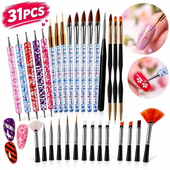 Ustris 31pcs Nail Art Brushes Set, Nail Art Tools with Nail Dot Tool, Liner Brushes, Striping Brushes, Drawing Pens and Dust Brush for Gel Polish Nail Design