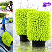 Ustris Car Wash Mitt Microfiber, 2PK Scratch Free Lint-Free, Rich Foam, Highly Absorbent, Double Sided, Premium Chenille Microfiber Mitt Car Wash Brush, Green, Regular Size 7.12''X10.14''
