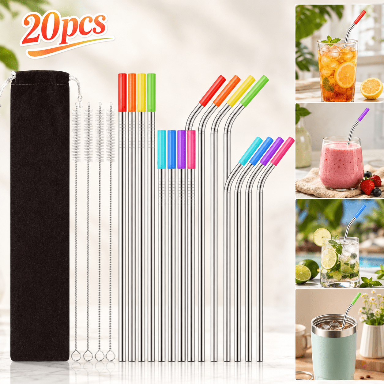 Ustris  20PCS Reusable Stainless Steel Straws with Travel Case Cleaning Brush Silicone Tips Eco Friendly Extra Long Metal Straws Drinking for 20 24 30 oz Tumbler