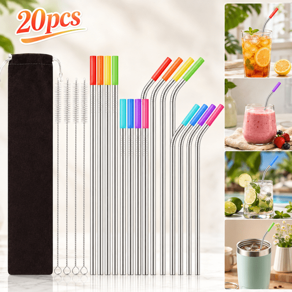 Ustris 20PCS Reusable Stainless Steel Straws with Travel Case Cleaning ...
