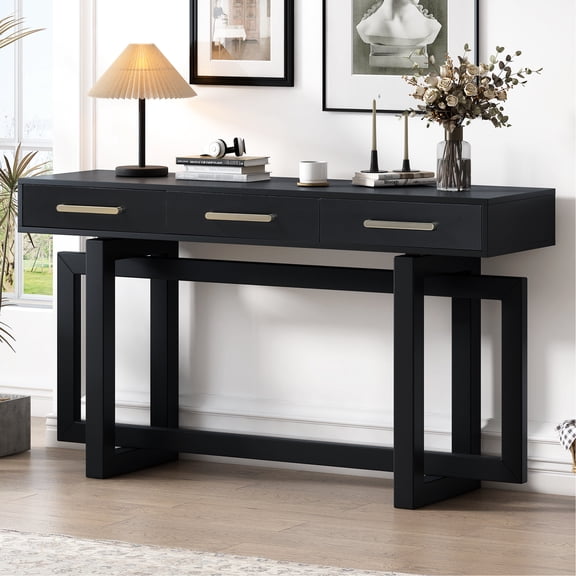 Ustyle 3 Console Table For Entryway - Extra Long, Modern Simplicity Higher Stability, Functional, Black 3 Drawers Hallway, Foyer, Living Room Minimalist Style,