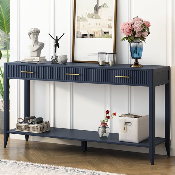 Ustyle Entryway Console Table In Navy. Vertical Stripe Drawers, Construction. Stable Long Legs. Suits Living Room Drawer Console. Made, For Room, Hallway, Entryway. Navy Blue Color