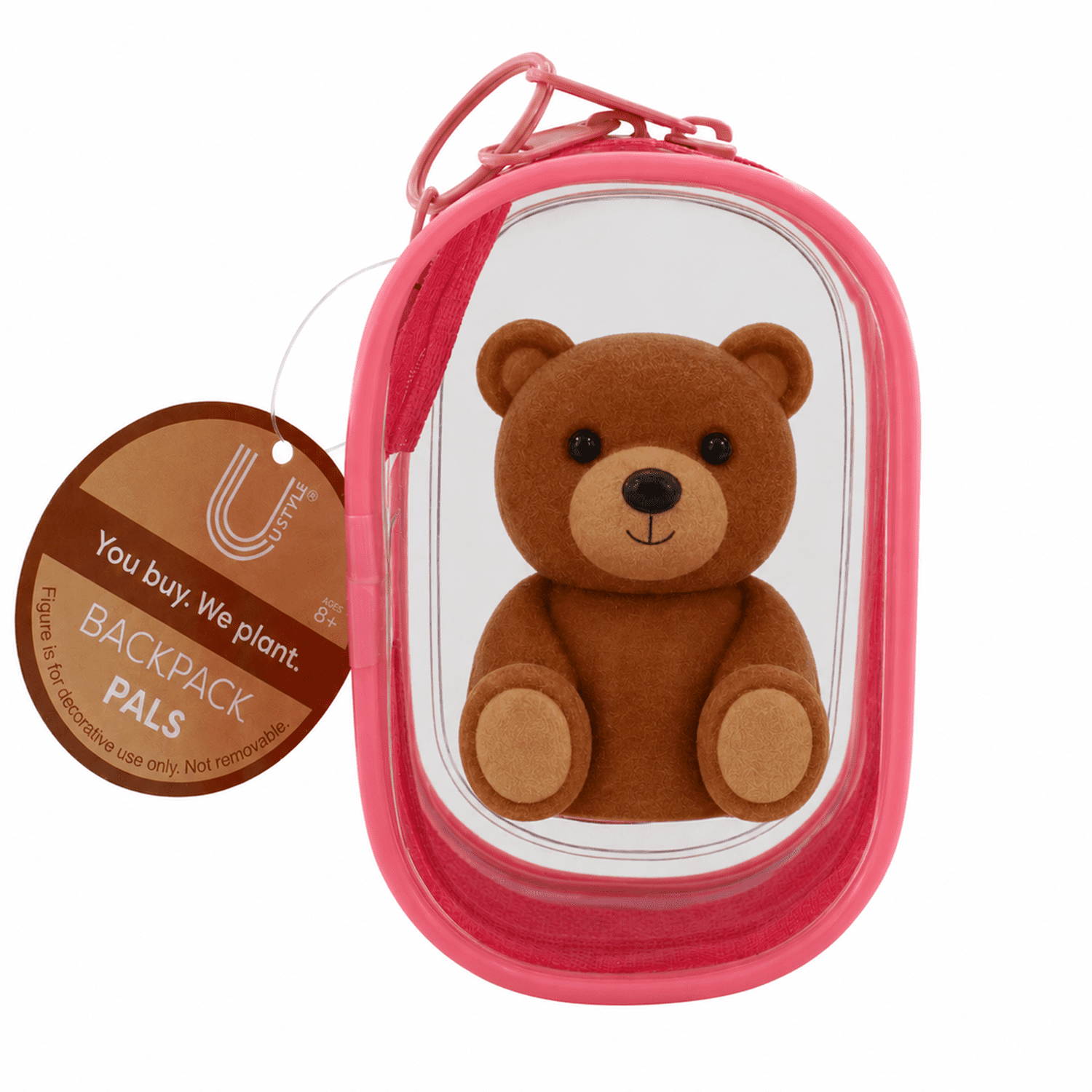 U Style Flocked Figure Trinket Pouch Keychain, Brown Bear, Pink Case