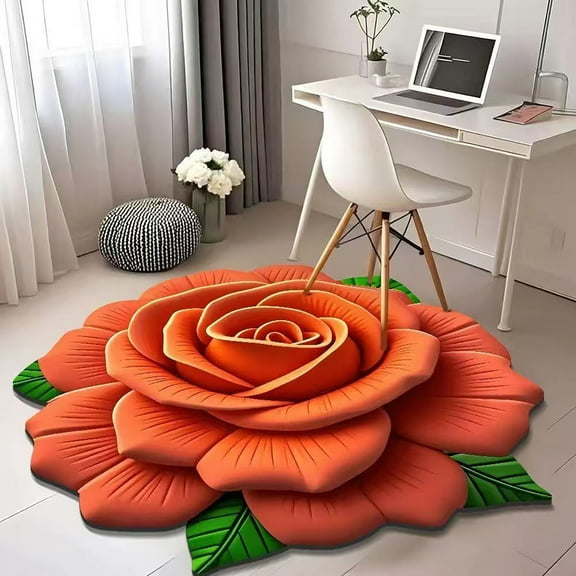 Usupdd 3 D Flower Mat Soft (Orange), 3 D Flower Mat Soft Carpet Non-Slip Area Carpet Dining Room Home Bedroom Carpet Floor