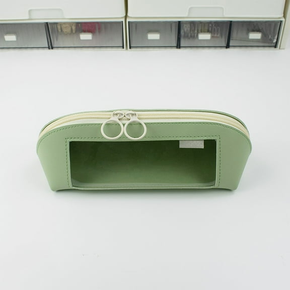 Usupdd Leather Textured Pencil Case Transparent (Green), Leather Textured Pencil Case Transparent Window Waterproof Large Capacity Pencil Case Student Stationery Box