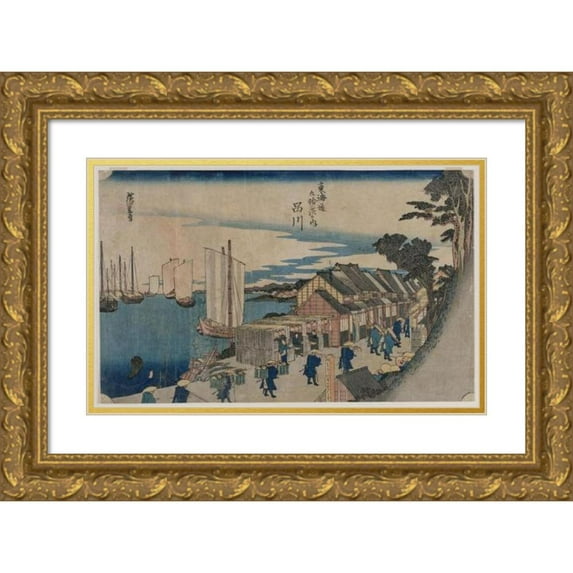 Utagawa Hiroshige II 18x13 Gold Ornate Wood Frame and Double Matted Museum Art Print Titled - Shinagawa (From the Series Fifty-Three Stations of the Tokaido) (1797-1858)