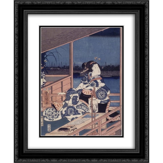 Utagawa Kunisada 2x Matted 20x24 Black Ornate Framed Art Print 'Moonlight View of Tsukuda with Lady on a Balcony'